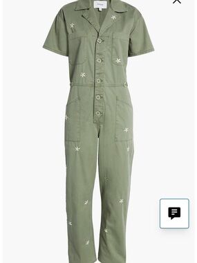 pistola Olive Green Short-Sleeve Embroidered Jumpsuit